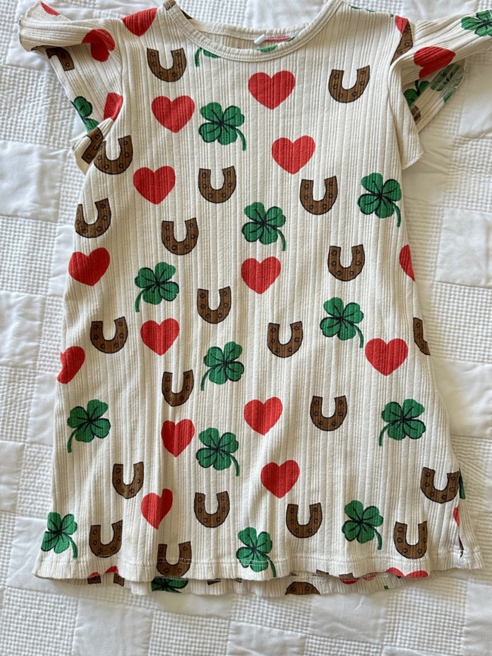 Mini Rodini Cream Dress with Red Hearts, Green Clovers & Brown Horseshoes